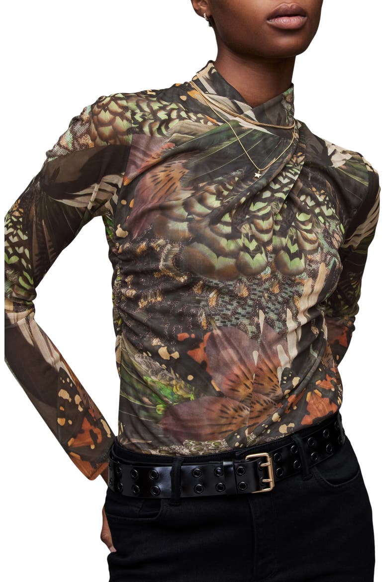 Tia Gene Print Mesh Turtleneck, Main, color, JEWEL GREEN