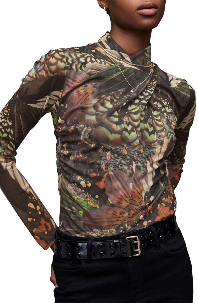 AllSaints Tia Gene Print Mesh Turtleneck, Main, color,