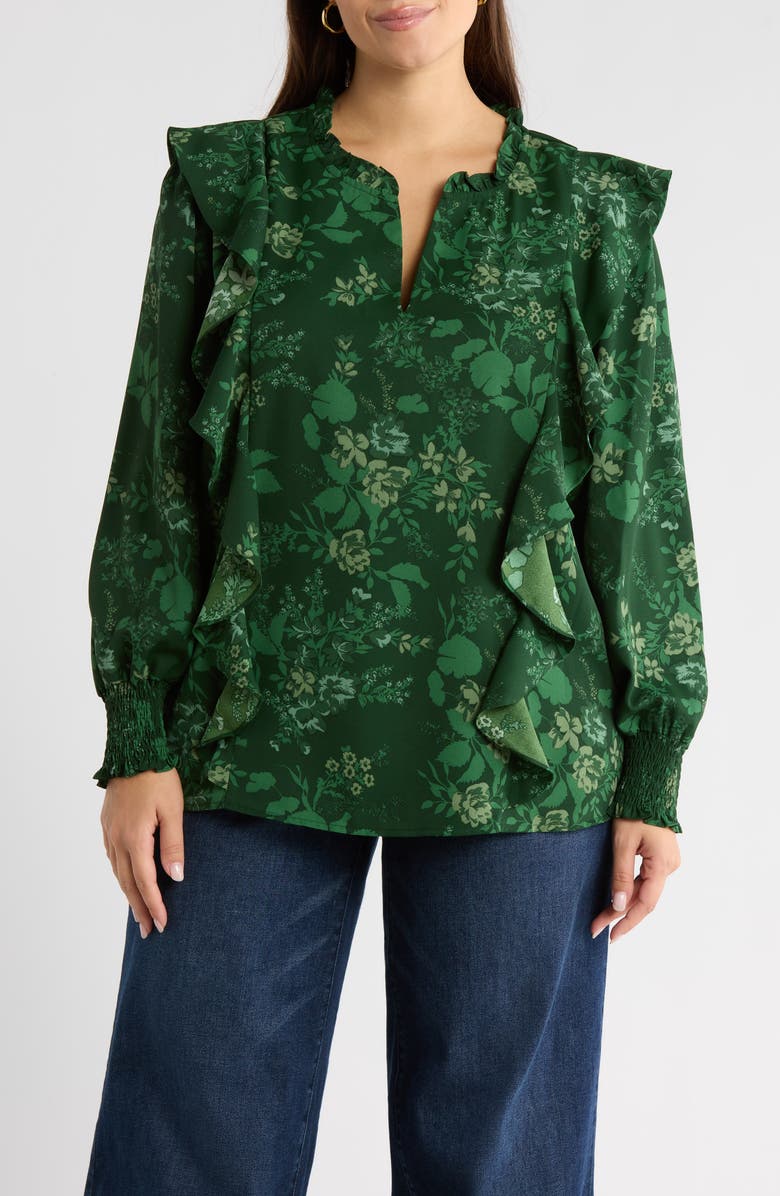 SUGARLIPS Woodland Floral Print Ruffle Top, Main, color, Emerald-Multi