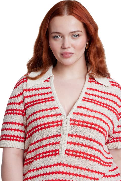 Pointelle Stripe Boxy Sweater Top (Plus)