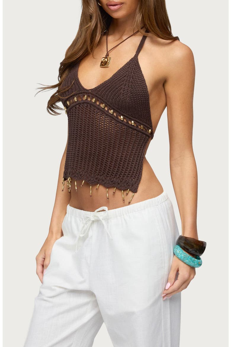 Jenn Beaded Open Stitch Halter Top, Alternate, color, BROWN