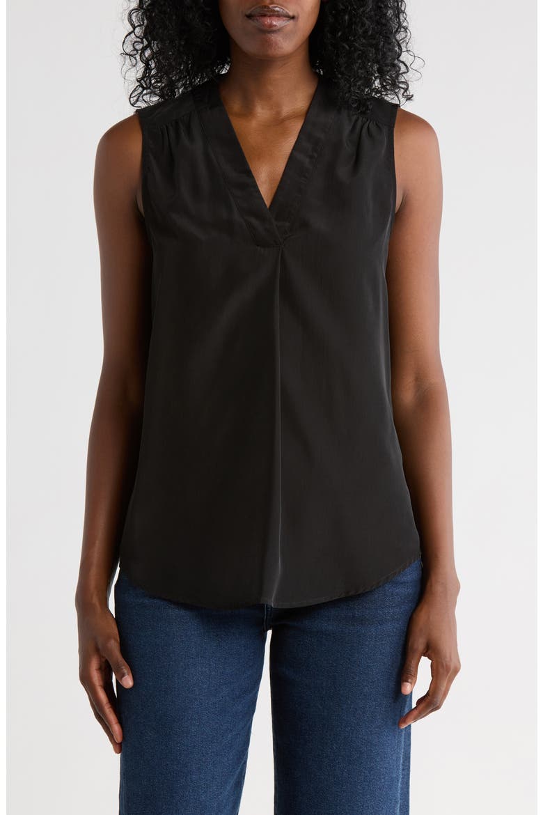 V-Neck Sleeveless Pleat Front Top, Main, color, BLACK