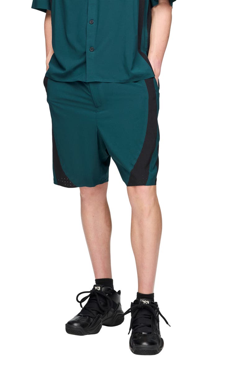 Y-3 Mesh Panel Woven Shorts, Main, color, Green