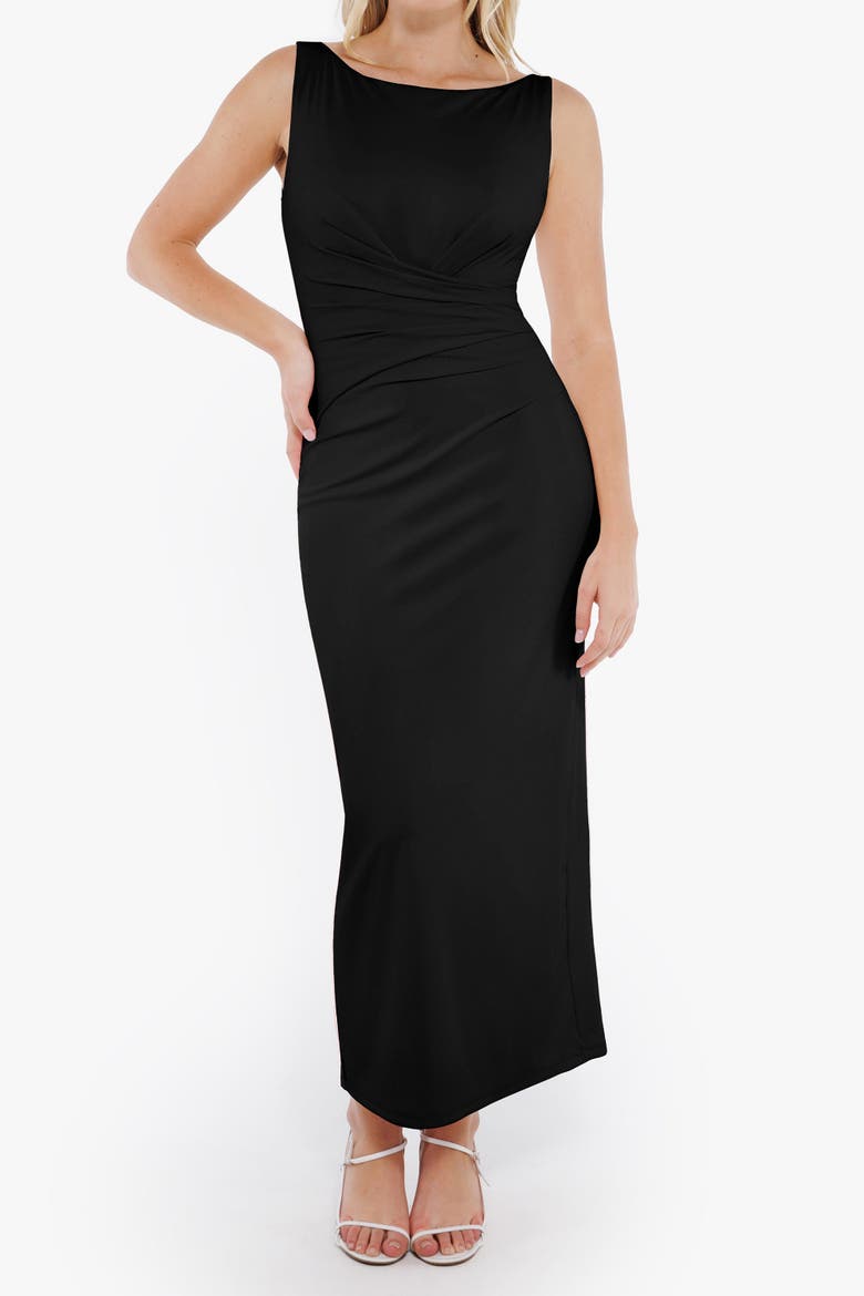 Elegant Boatneck Draped Snatched Sculpting Maxi Shapewear Dress, Main, color, Classic black