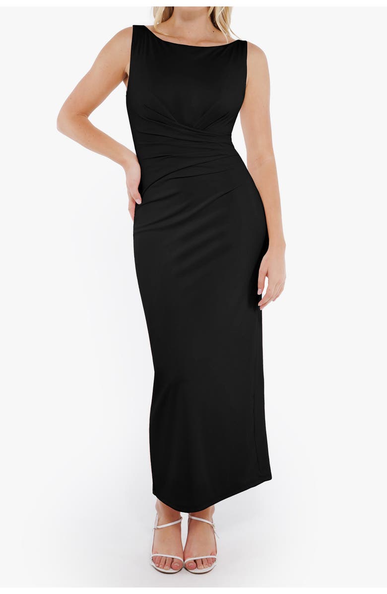 Popilush Elegant Boatneck Draped Snatched Sculpting Maxi Shapewear Dress, Main, color, Classic Black