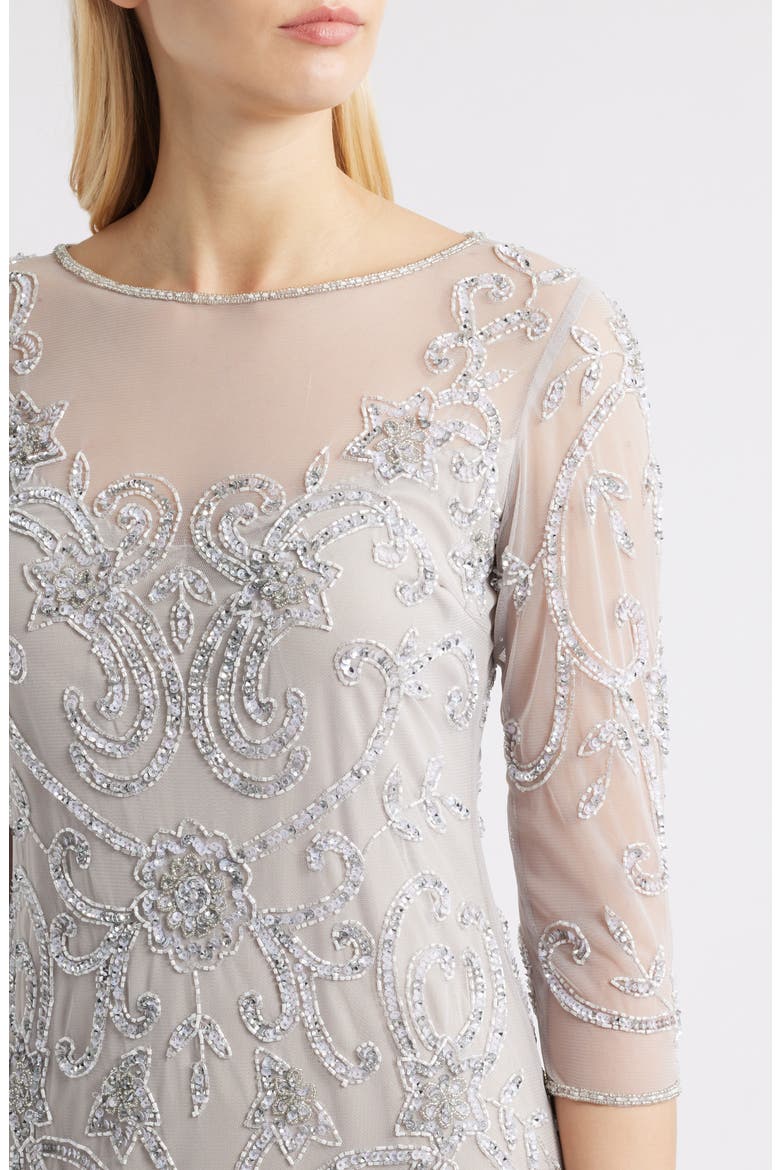 Beaded Illusion Neck Gown, Alternate, color, SILVER