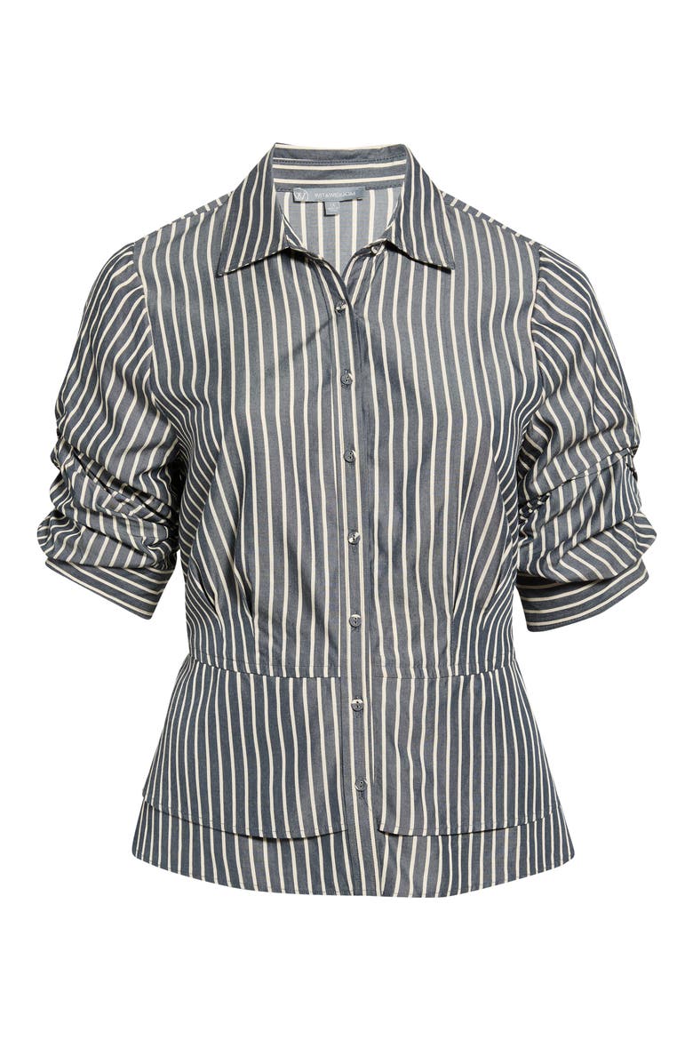 Double Peplum Striped Button-Down Top, Alternate, color, NAVY/ ECRU