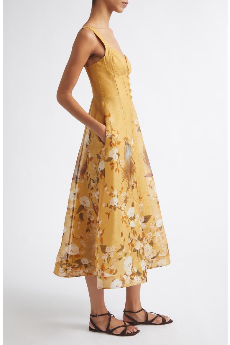 Momentum Floral Corded Linen & Silk Organza Midi Dress, Alternate, color, GOLD BIRD FLORAL