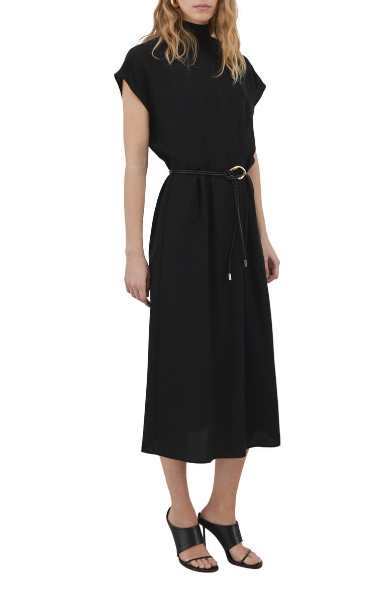 Mock Neck Belted Dress, Main, color, BLACK