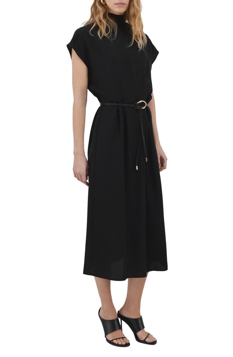MANGO Mock Neck Belted Dress, Main, color, Black