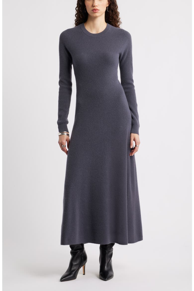 Long Sleeve Wool & Cashmere Rib Maxi Dress, Main, color, GREY AGATE