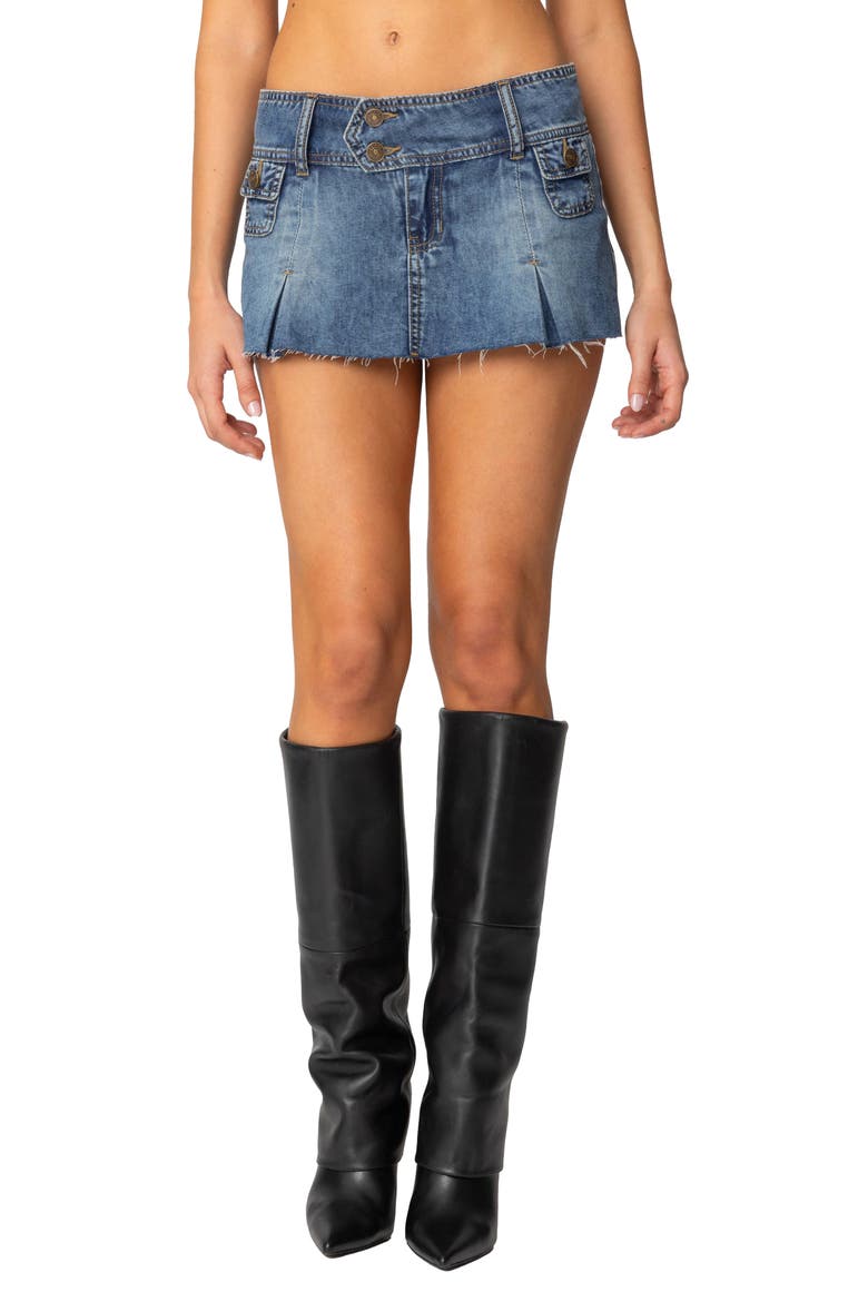 Pleated Hem Denim Miniskort, Main, color, BLUE