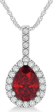 ALLUREZ Pear Shape Lab Diamond & Ruby Halo Pendant 14k White Gold 2.20ct