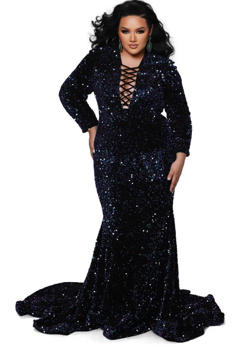 Long Sleeve Sequin Velvet Plus Size Evening Gown, Main, color, Kaleidoscope
