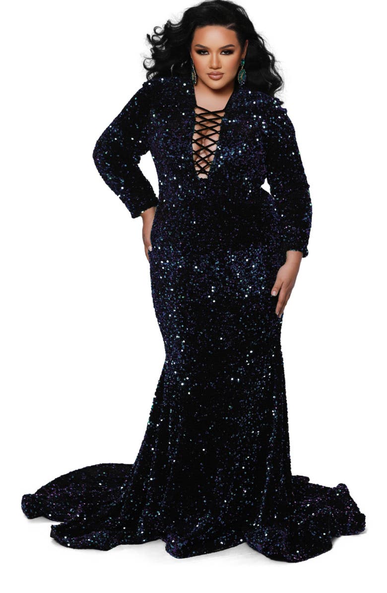 Johnathan Kayne for Sydney's Closet Long Sleeve Sequin Velvet Plus Size Evening Gown, Main, color,