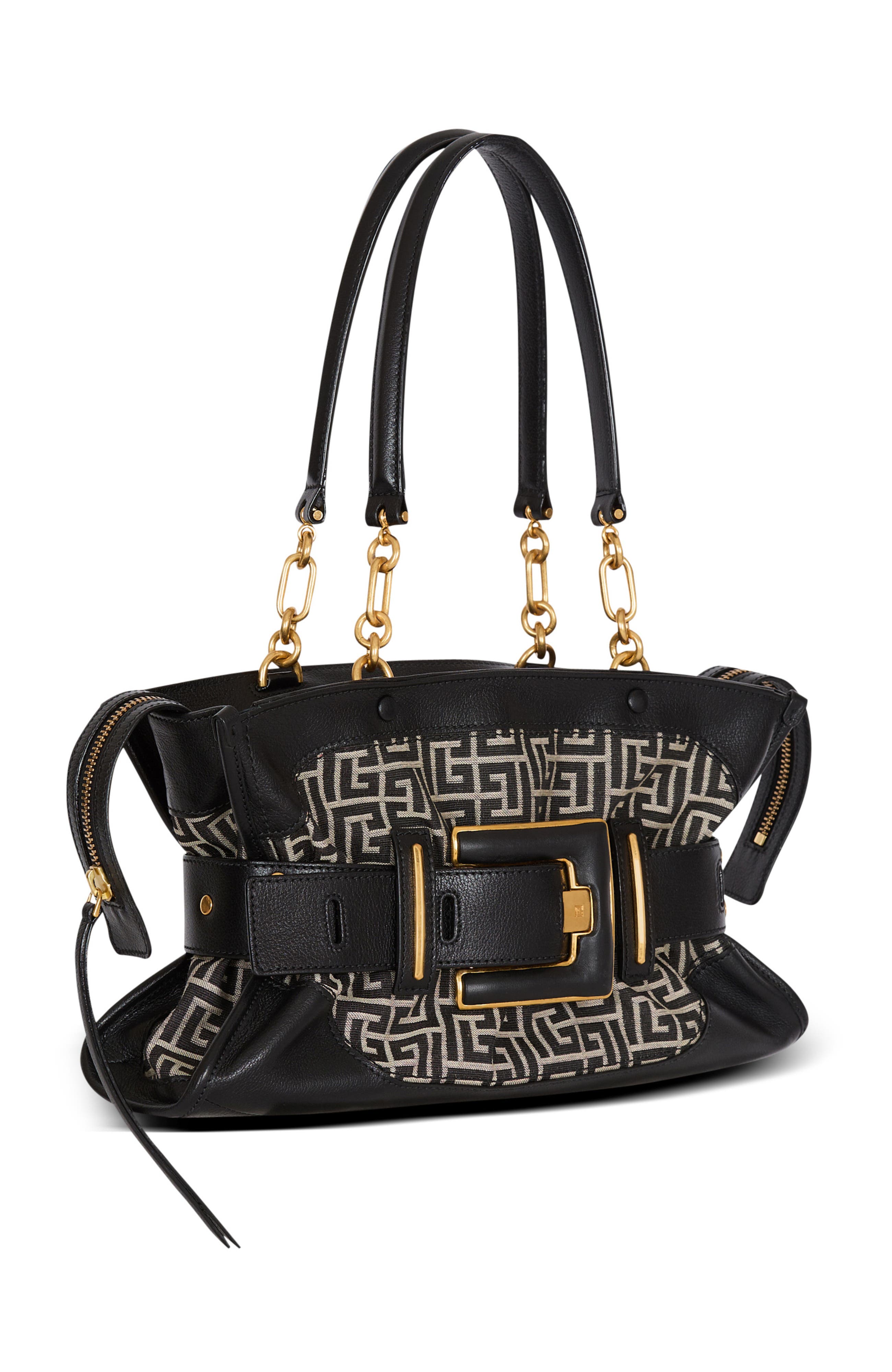 Balmain Leather and monogram jacquard Anthem bag, Alternate, color, Black