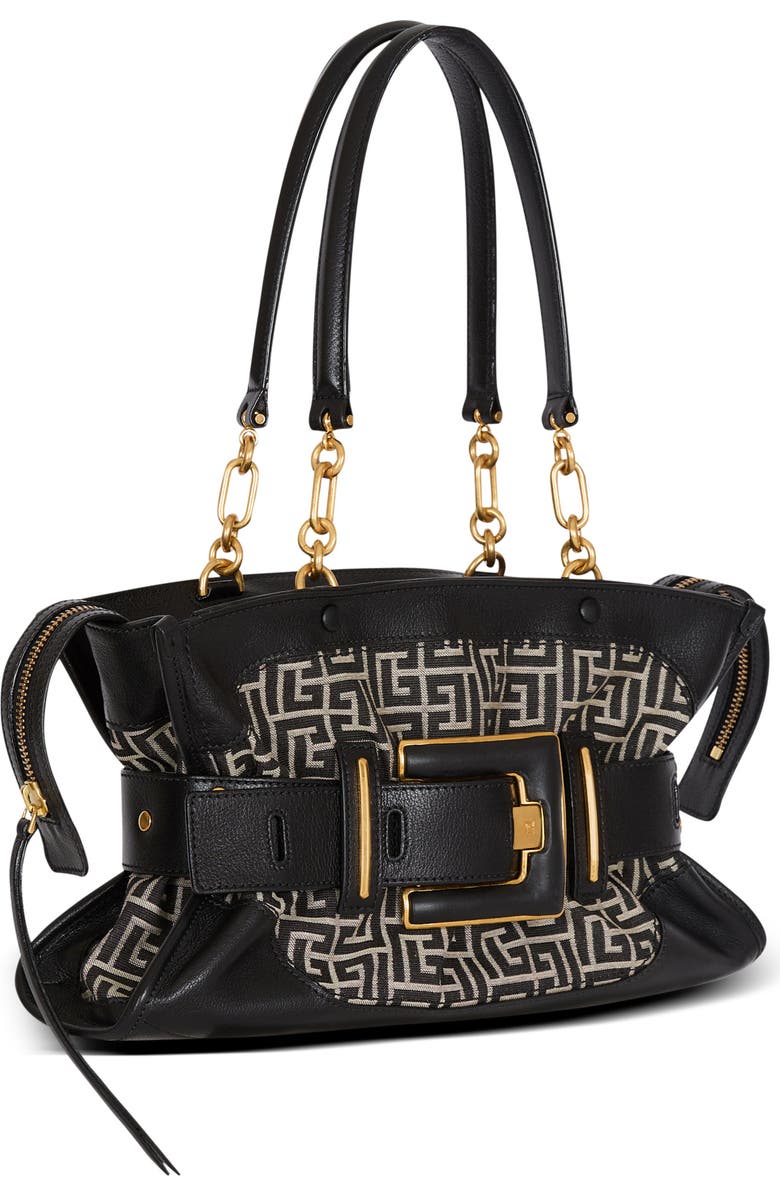 Balmain Leather and monogram jacquard Anthem bag, Alternate, color, Black