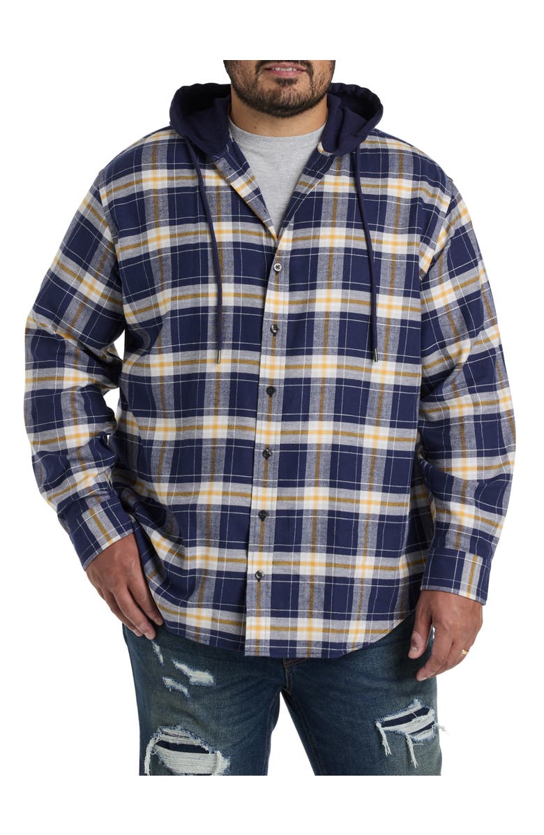 True Nation by DXL Big & Tall Hooded Flannel Shirt Jacket, Alternate, color, Navy-Yellow