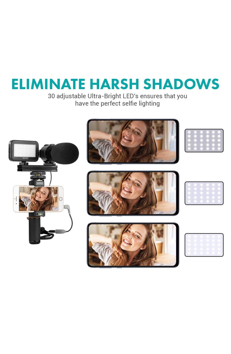 MOVO Vlog Kit V7 - YouTube Starter Kit with Grip, Stereo Microphone, Light, and Wireless Remote, Alternate, color, Black