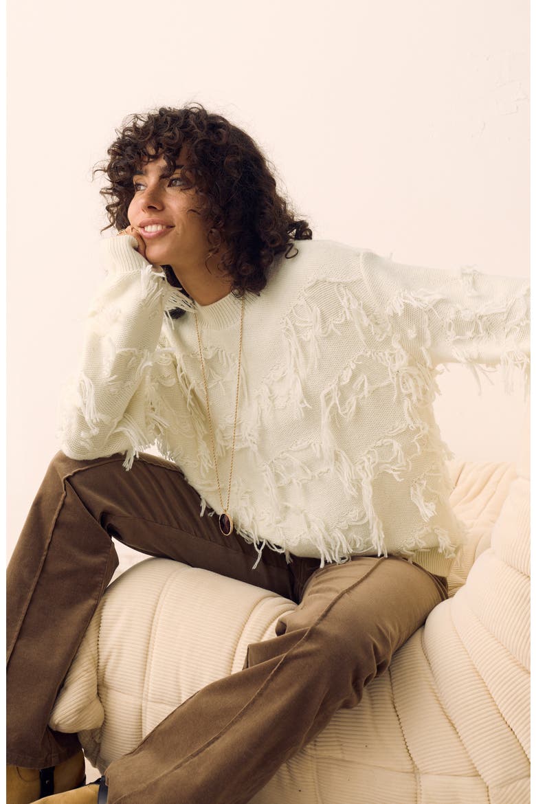 Fringe Crewneck Sweater, Alternate, color, CREAM