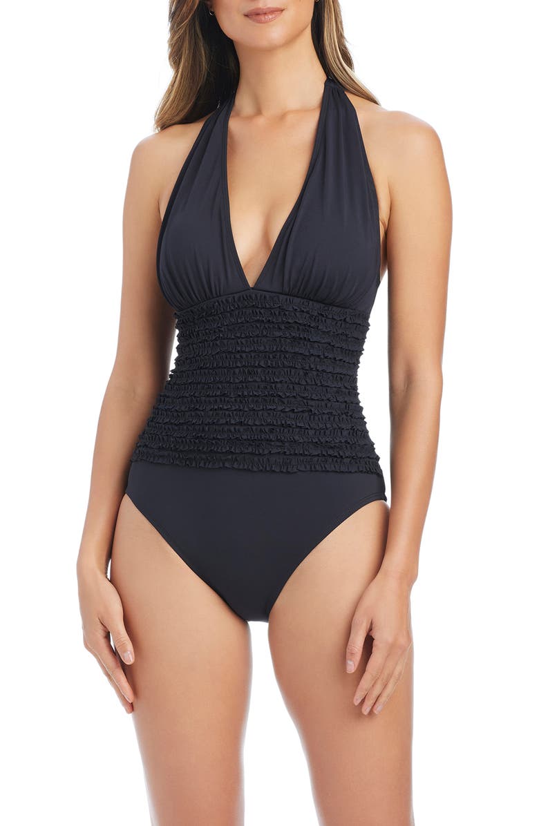 BLEU by Rod Beattie Ruffle Halter One-Piece Swimsuit, Main, color, Black