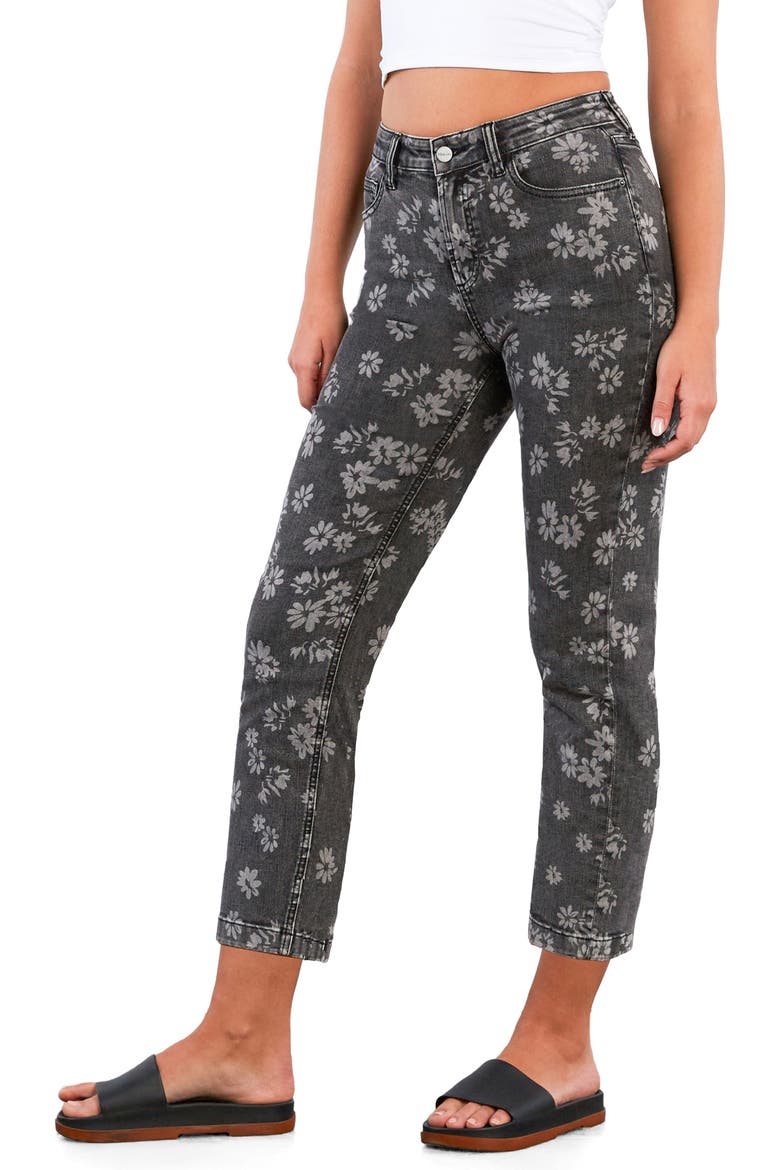 High Waist Slim Straight Leg Jeans, Alternate, color, GREY FLORAL DENIM