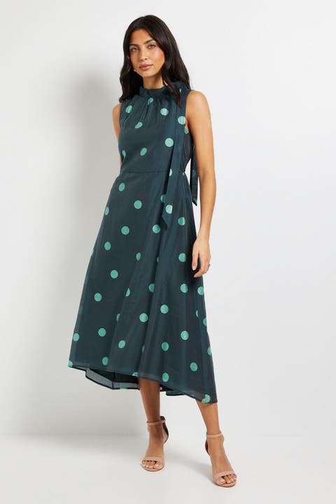 Spot Tie Neck Sleeveless Midi Dress