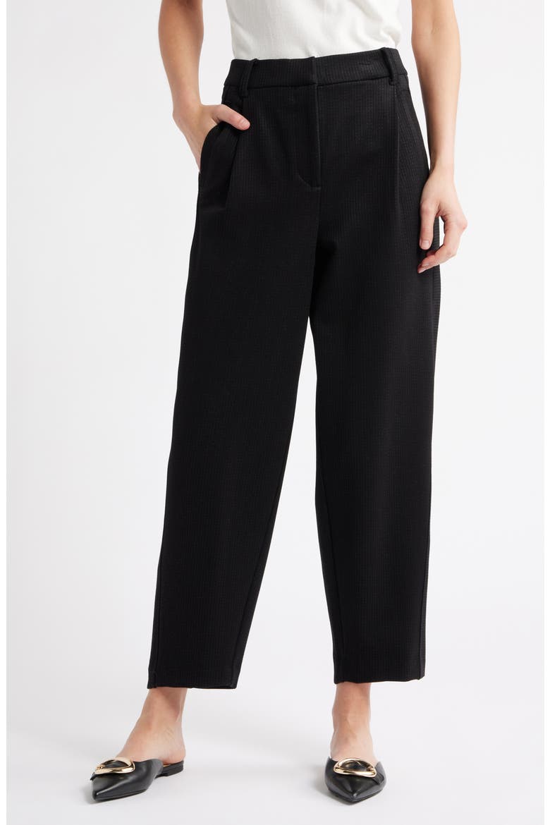 Skyrise Pleated Pinstripe Relaxed Barrel Leg Ankle Trousers, Main, color, BLACK
