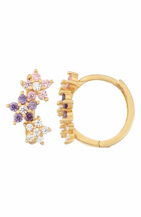 FZN Kids' 14K Gold Plate CZ Flower Hoop Earrings