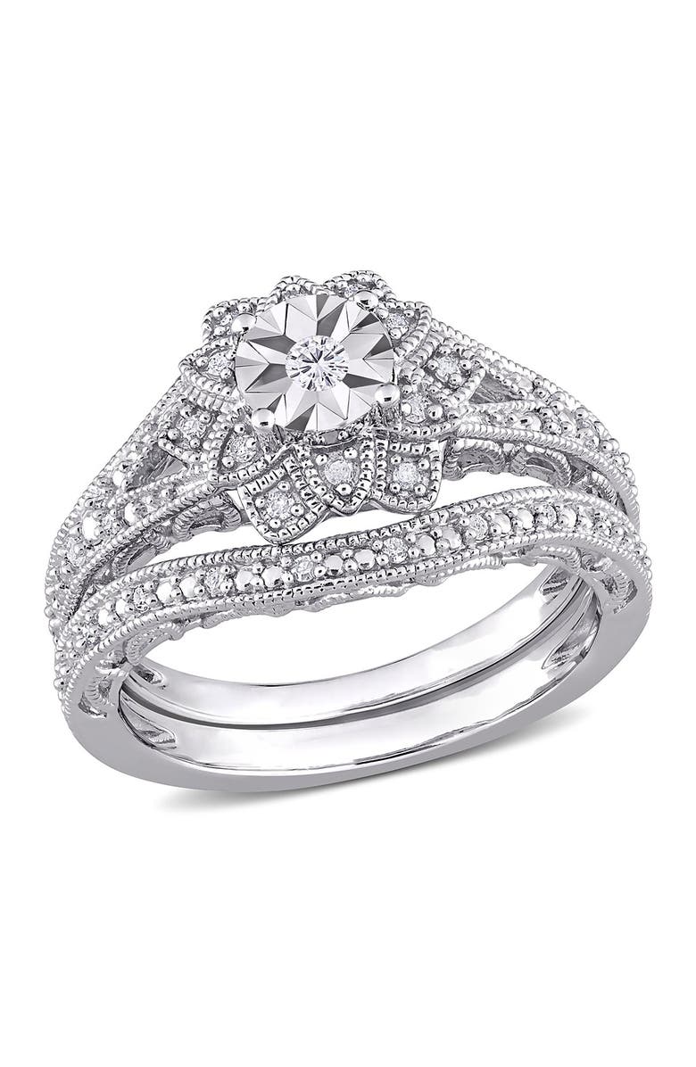 DELMAR Sterling Silver Pave Diamond Flower Ring - 0.2 ctw, Main, color,