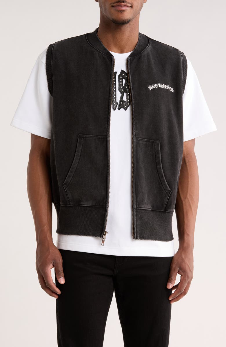 PLEASURES Embroidered Logo Denim Vest, Main, color, Faded Black
