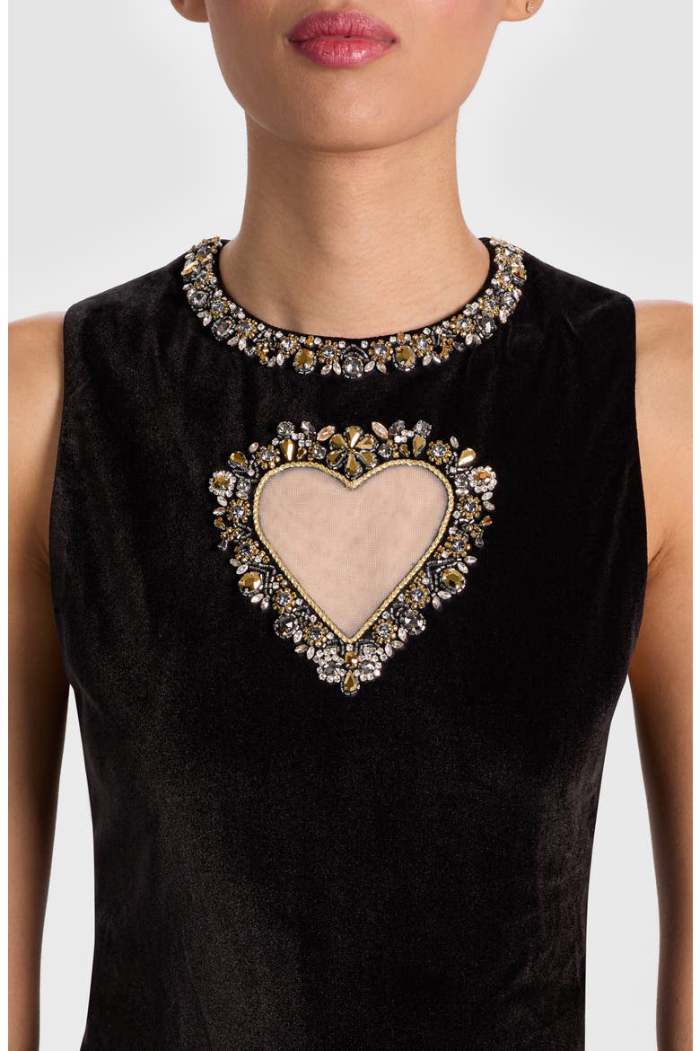 Ella Crystal Embellished Illusion Heart Cutout Velvet Minidress, Alternate, color, BLACK