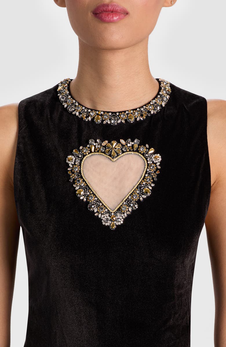 Alice + Olivia Ella Crystal Embellished Illusion Heart Cutout Velvet Minidress, Alternate, color, Black