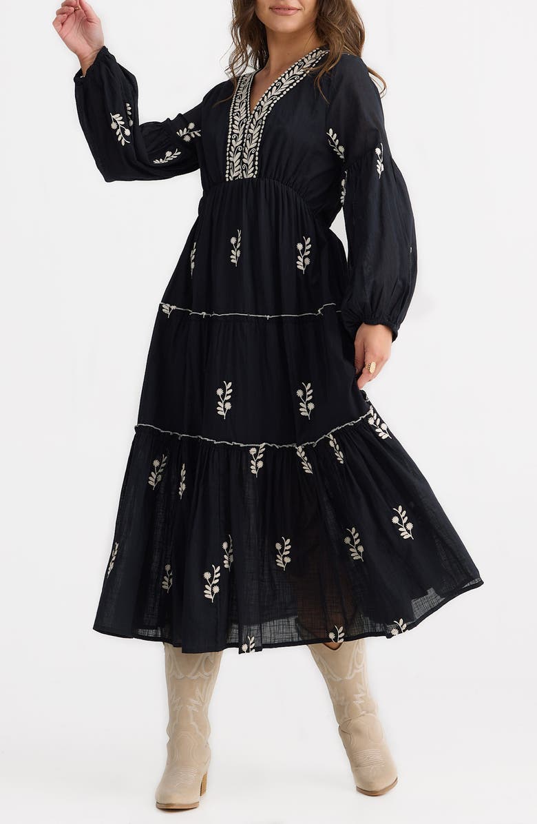 Talisman the Label Vadella Embroidered Long Sleeve Midi Dress, Main, color, Black W Off White