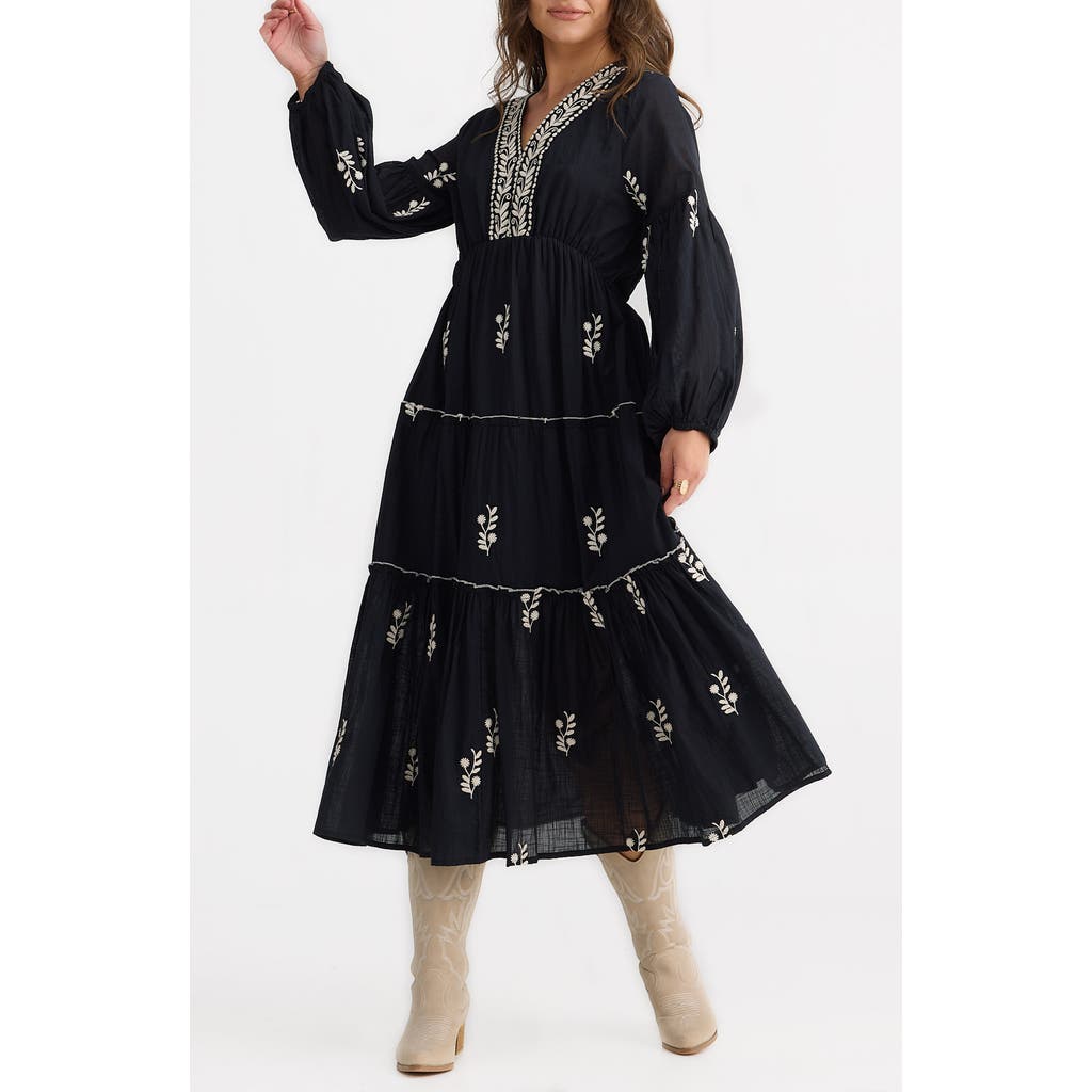 Talisman The Label Vadella Embroidered Long Sleeve Midi Dress In Black