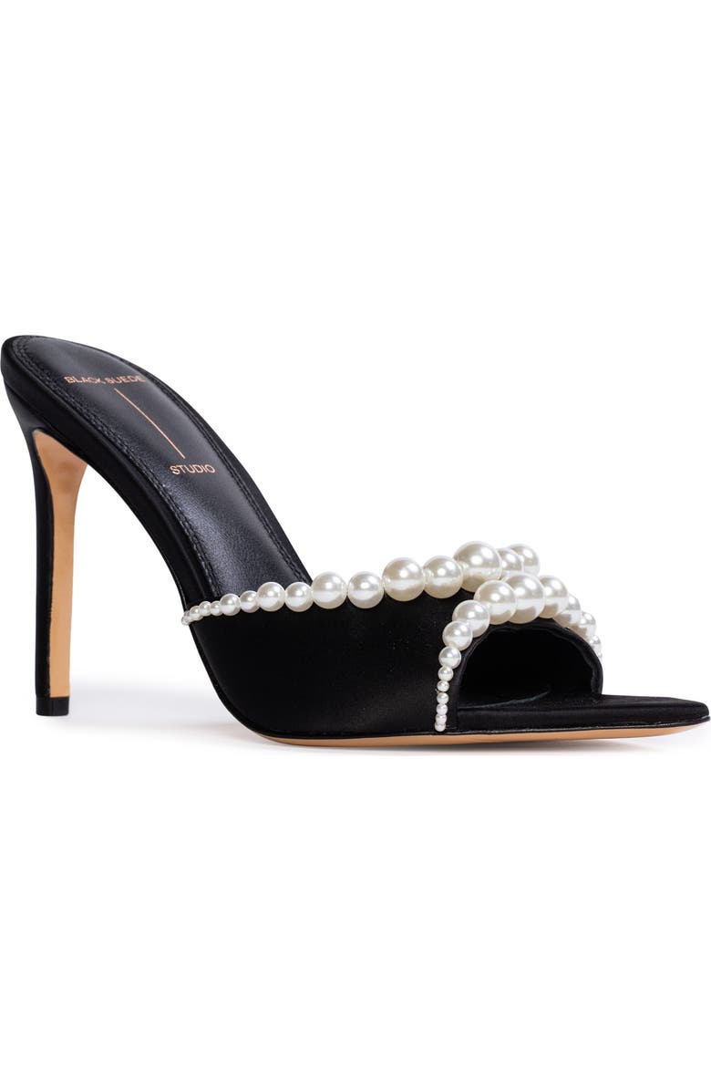 BLACK SUEDE STUDIO Gigi Pointed Toe Slide Sandal, Main, color, Black Satin