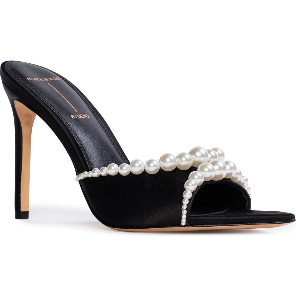 Black Suede Studio Gigi Pointed Toe Slide Sandal In Black Satin