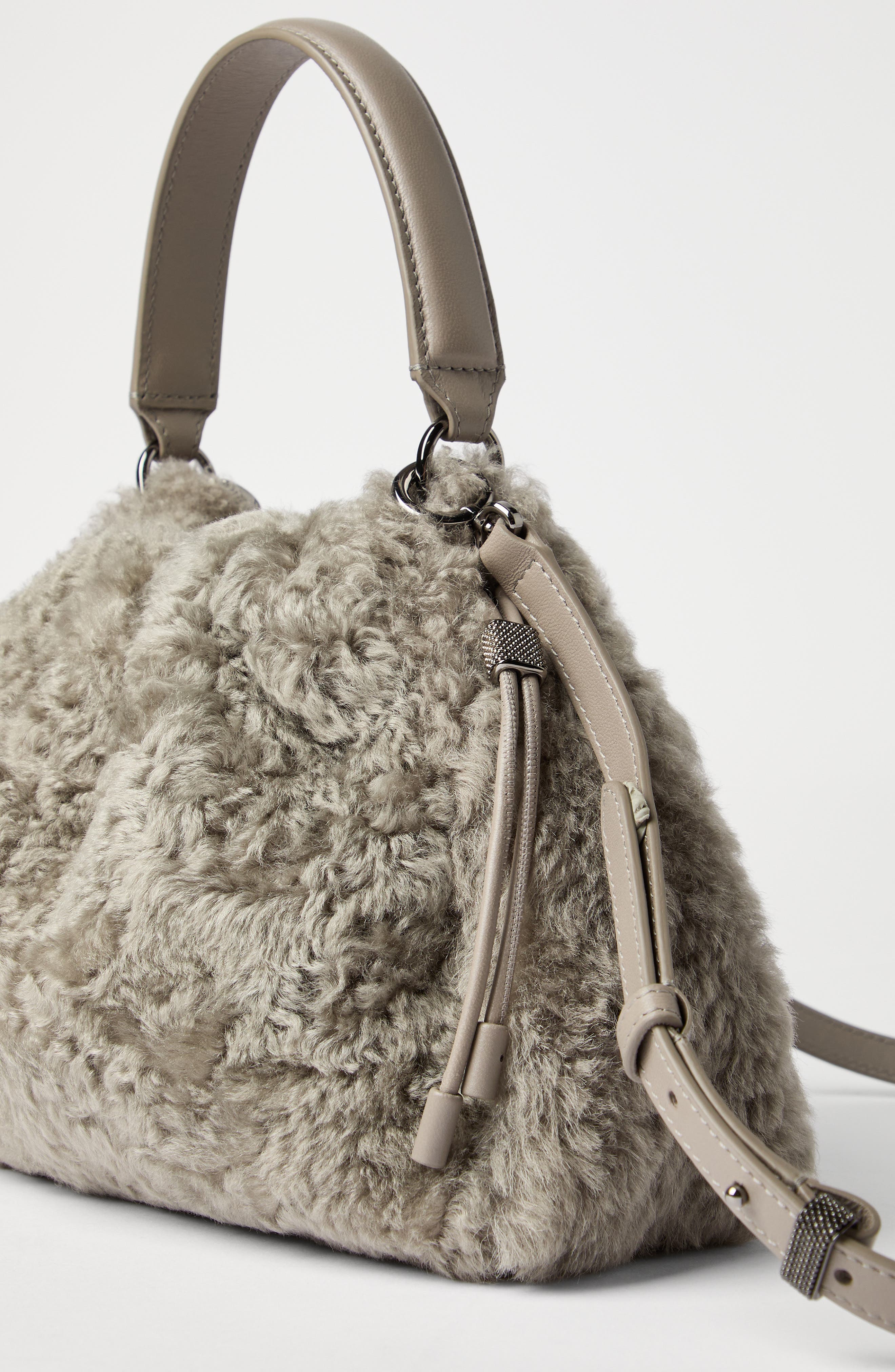 Brunello Cucinelli Shearling Mellow small bucket bag, Alternate, color, Light Brown