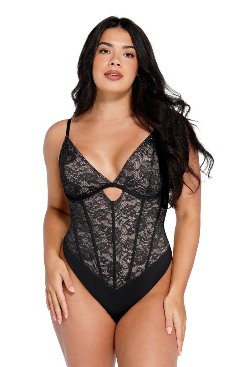Shapewear Cutout Corset Hourglass Sculpting Lace Bodysuit, Main, color, Charcoal Black