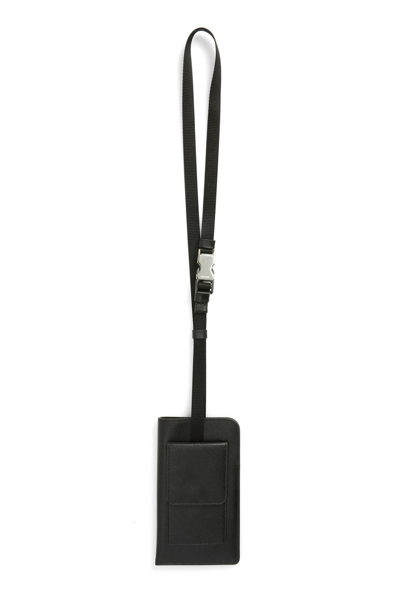 Saffiano Leather Lanyard Card Case, Main, color, BLACK