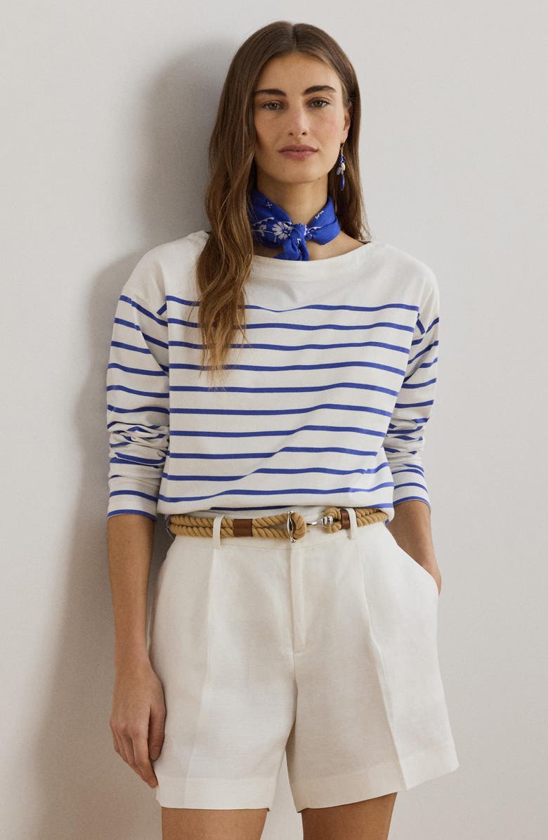 Lauren Ralph Lauren Stripe Cotton Boat Neck Top, Alternate, color, White/ Blue Lapis