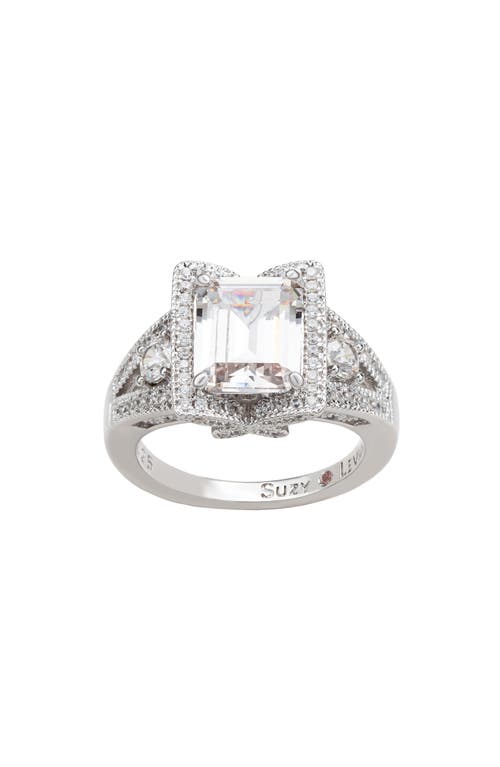 Suzy Levian Sterling Silver White Emerald Cut Cubic Zirconia Pave Engagement Ring In Silver