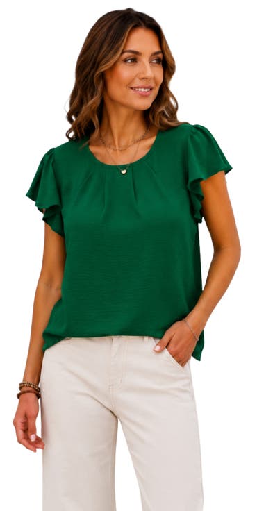 Lightweight Pleated Flutter Sleeve Chiffon Blouse