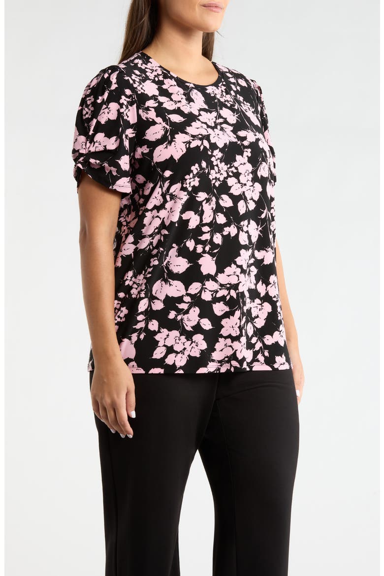 Print Pleat Short Sleeve Top, Alternate, color, ANNE BLACK/ PEONY PINK