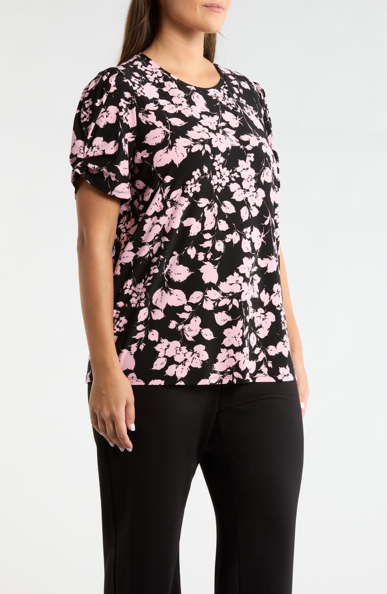 AK ANNE KLEIN Print Pleat Short Sleeve Top, Alternate, color, Anne Black/ Peony Pink