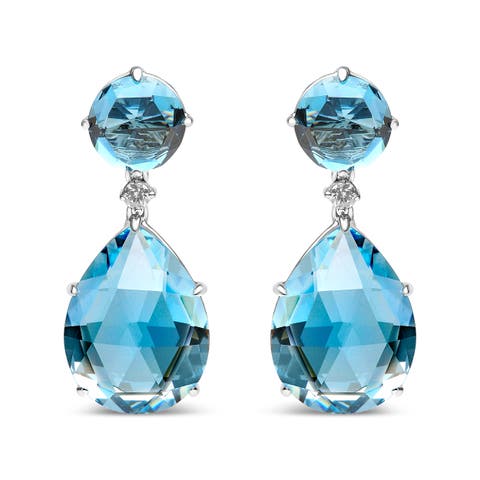 18K Gold 1/5 Ct Diamond with London Blue & Sky Blue Topaz Gemstone Dangle Earring