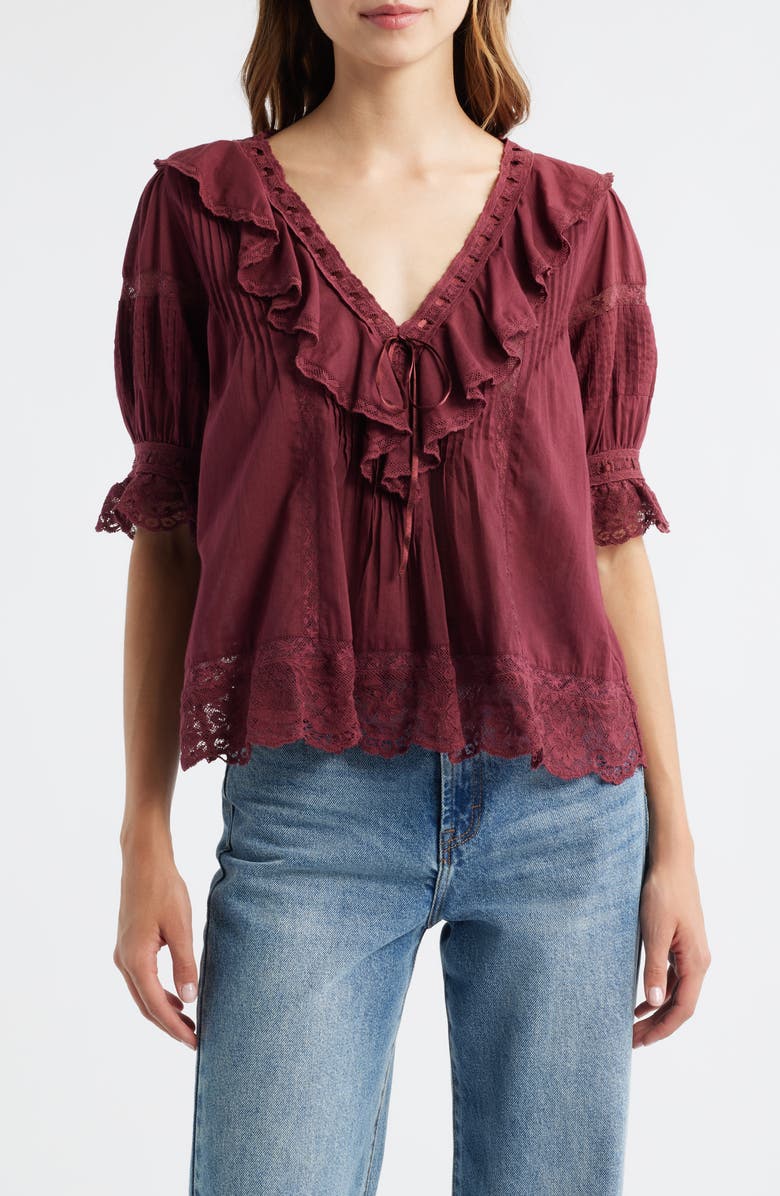 LoveShackFancy Romilly Ruffle & Lace Top, Main, color, Spiced Berry