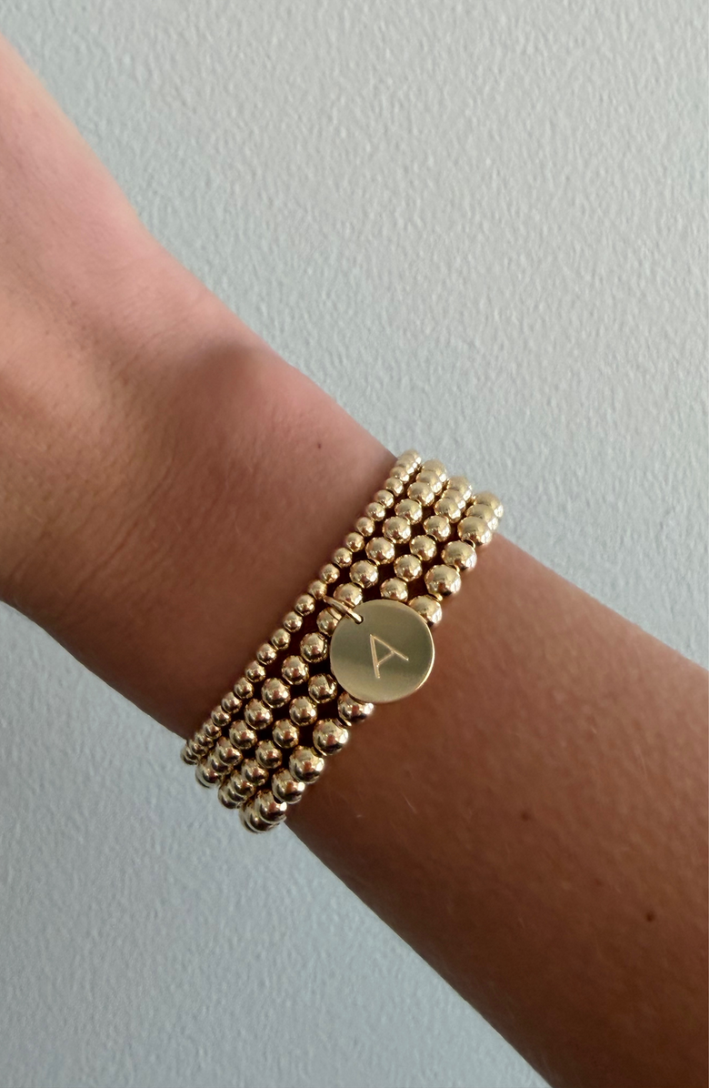 CUFFED BY NANO Classic Initial Coin 14k Gold Filled Bead Four Bracelet Stack, Alternate, color, Gold F