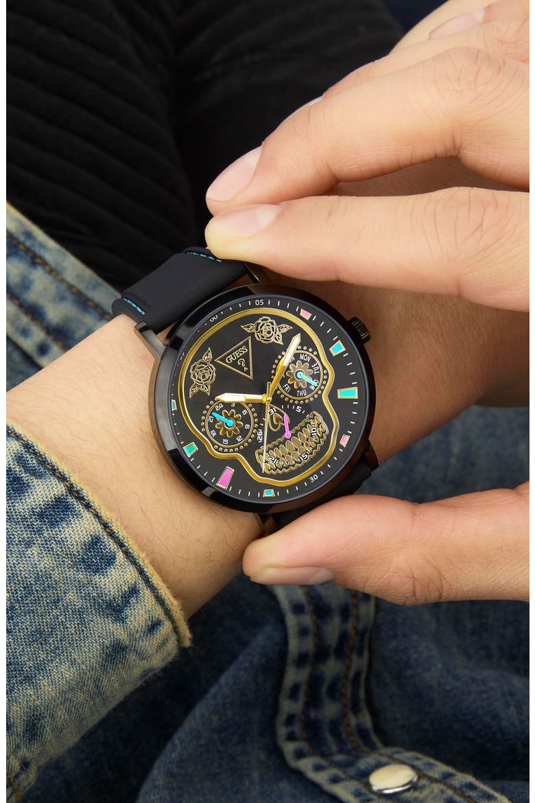 Day of the Dead Black Multifunction Silicone Strap Watch, 44mm, Alternate, color, BLACK