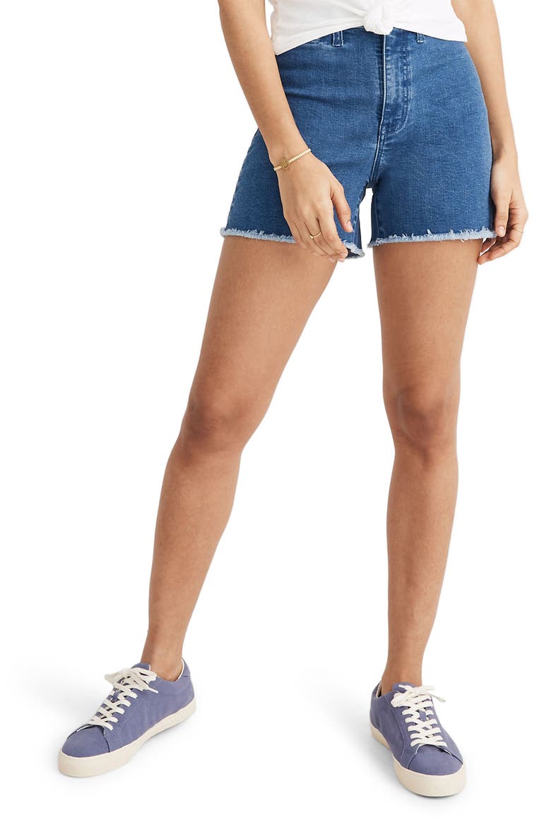 Emmett High Waist Rainbow Stitch Denim Shorts, Main, color, RAINBOW INDIGO